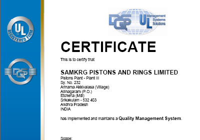 Certificate of Quality Management Pistons and Rings