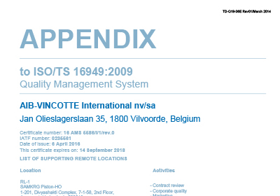 ISO/TS 16949:2009 Appendix Quality Management Certificate