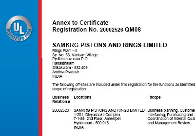 UL DQS Pistons and Rings Quality Management Certificate